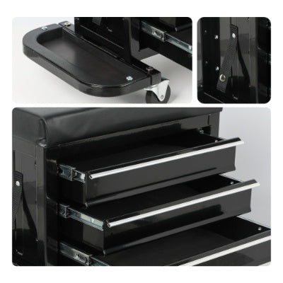 3-Drawer Tool Chest Rolling Mechanic Seat With Tool Trays,350lbs Max Weight Capacity,Black